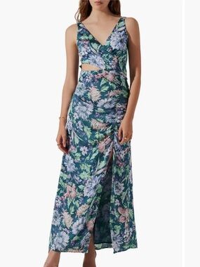 LIKE NEW ASTR Floral V-Neck Maxi Dress with cutout in Teal and Pink Floral Print
